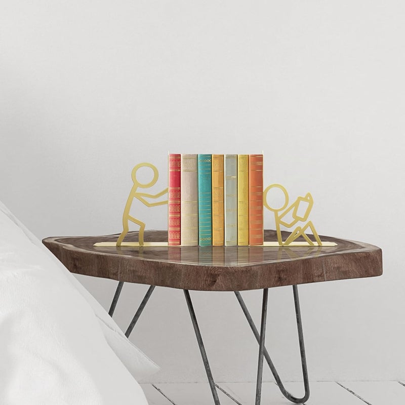 Natrlart Metal Unique Office Desk Bookends Decorative Cute Book Ends Reading Decor Bookshelf Decor for Office School Library Bedroom, Book Lovers Gift（Gold） - Image 4